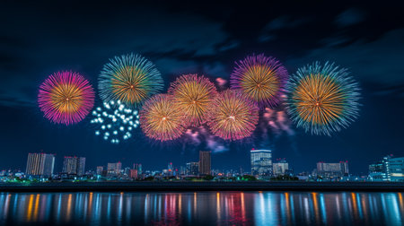 Stunning fireworks illuminate the night sky above a vibrant cityscape, casting colorful reflections over the serene water surface, capturing the essence of celebration and joy.の素材
