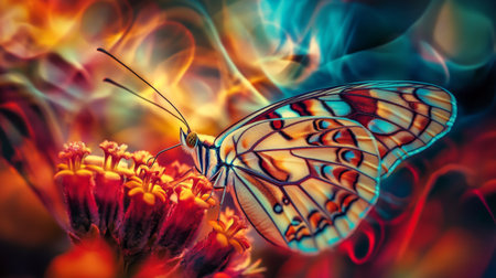 A stunning image of a butterfly resting on vivid flowers, surrounded by swirling colorful patterns, showcasing the beauty and intricacy of nature in a captivating way.の素材
