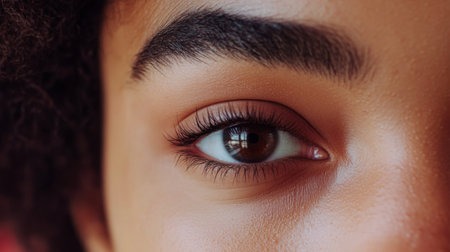 This close-up image captures the stunning detail of a brown eye, showcasing long eyelashes and a perfectly shaped eyebrow, epitomizing natural beauty and elegance.の素材