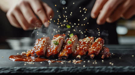 A chef expertly prepares succulent barbecue ribs drizzled with rich sauce, garnished with herbs, creating a mouthwatering visual treat in a kitchen setting.の素材