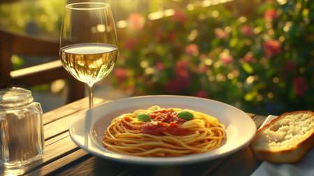 A tempting plate of spaghetti with tomato sauce and fresh basil, paired with a glass of white wine, adds elegance to any outdoor dining experience in natural light.の素材