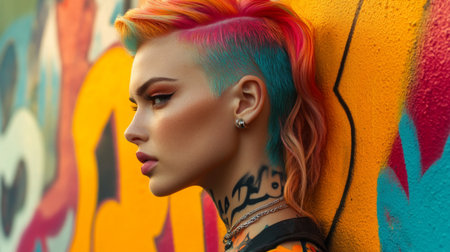 This vibrant portrait captures a young woman with striking hair colors, beautifully contrasting against a colorful urban mural, evoking creativity and individuality.の素材