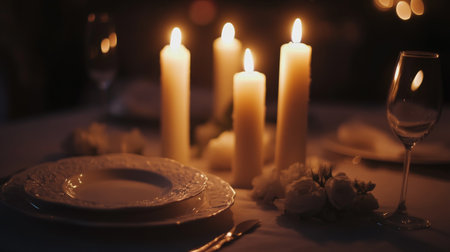 A beautifully arranged table for a romantic dinner illuminated by soft candlelight, featuring elegant dinnerware and delicate floral touches, perfect for intimate events.の素材