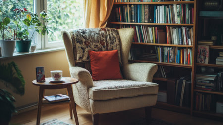 A cozy reading nook featuring a comfortable armchair and a small table, surrounded by shelves filled with books and plants, creating a serene home environment.の素材