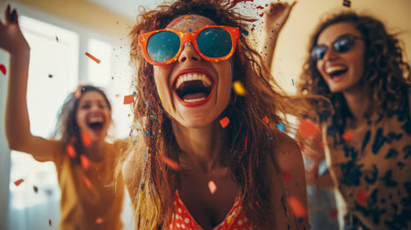 Capturing a joyful moment of celebration, three friends beam with laughter and colorful confetti flying around, creating a lively, carefree atmosphere full of energy and happiness.の素材