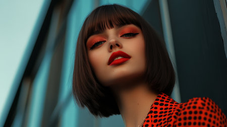 Captivating portrait of a woman with bold makeup and stylish short hair against a modern urban backdrop, radiating confidence and contemporary beauty trends.の素材