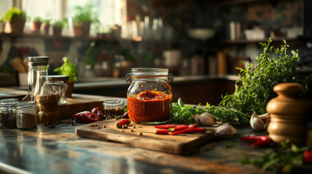 A beautifully arranged spicy chili sauce in a glass jar, showcasing a blend of fresh ingredients like chili peppers and herbs in a warm kitchen setting.の素材