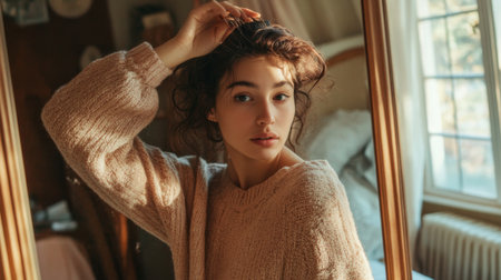 A captivating portrait of a young woman in a cozy bedroom, showcasing her elegance and natural beauty. The warm light creates an intimate atmosphere filled with serenity.の素材