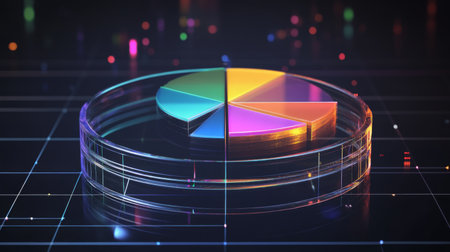 Explore a stunning 3D pie chart featuring vibrant segments against a dark background, ideal for conveying data visualization themes in modern analytics and business presentations.の素材