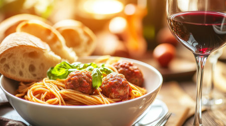 A tempting bowl of Italian pasta with meatballs and marinara sauce, garnished with fresh basil, paired with a glass of red wine, perfect for a cozy dinner setting.の素材