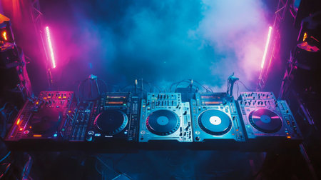 A stunning DJ setup featuring professional turntables and mixers amid a vibrant atmosphere filled with colorful lights and smoke, perfect for electrifying nightlife events.の素材
