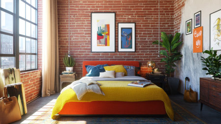 Beautifully designed bedroom featuring a warm brick wall, colorful textiles, and elegant decor, creating an inviting and stylish space perfect for relaxation and comfort.の素材