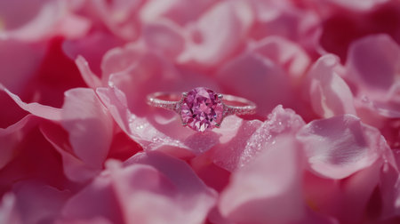 A stunning pink gemstone ring rests elegantly on a bed of soft pink petals, creating a romantic and delicate atmosphere perfect for engagements or weddings.の素材