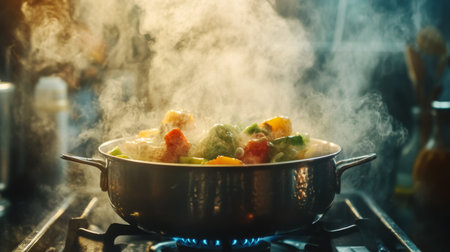 A pot filled with colorful, steaming vegetables on a gas stove captures the essence of healthy cooking in a modern kitchen, showcasing vibrant ingredients and culinary art.の素材