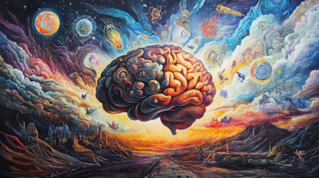Dive into a dreamlike world where a vibrant brain floats amidst cosmic wonders, showcasing the beauty of imagination and creativity against an enchanting landscape.の素材