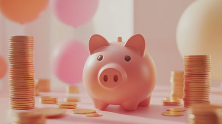 A charming pink piggy bank surrounded by shiny coins and colorful balloons, symbolizing savings and financial growth in a vibrant and uplifting atmosphere.の素材