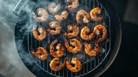 Fresh shrimp perfectly grilled on a barbecue with a smoky aroma, showcasing delicious charred texture ideal for summer gatherings and outdoor meals.の素材