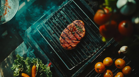 Juicy grilled steak on a barbecue grill surrounded by fresh vegetables and fruits, showcasing a vibrant cooking scene perfect for outdoor gatherings and summer feasts.の素材