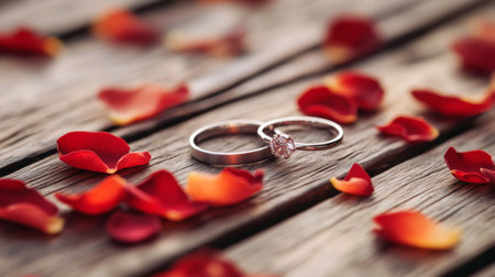 A close-up of two wedding rings resting on a rustic wooden surface, surrounded by scattered rose petals, symbolizing love and commitment in an intimate wedding setting.の素材