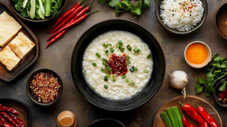 A beautifully styled congee bowl brimming with creamy rice topped with green onions and chili sauce, surrounded by fresh herbs and colorful spices, celebrating vibrant Asian cuisine.の素材