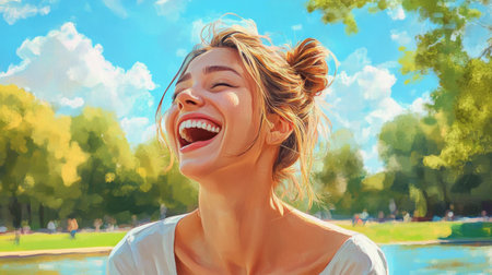 A cheerful woman enjoying a bright day outdoors in a lovely park. Her carefree laughter and radiant smile convey joy and the beauty of nature in a sunlit setting.の素材