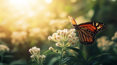 A stunning image featuring a monarch butterfly gently resting on white flowers, with soft sunlight illuminating the scene, capturing the beauty of nature and tranquility.の素材
