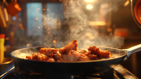 A mouthwatering scene of fried chicken sizzling in a pan, releasing steam and showcasing a golden brown crust, evoking warmth and comfort in a home kitchen setting.の素材