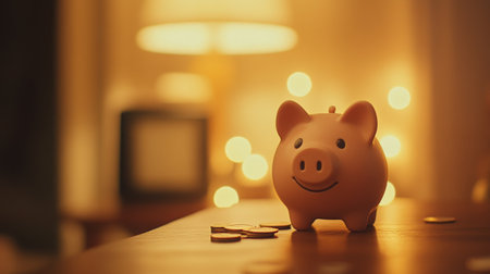 A charming piggy bank sits on a wooden table, exuding warmth and happiness, surrounded by soft glowing lights that create a cozy ambiance, perfect for inspiring savings and financial dreams.の素材