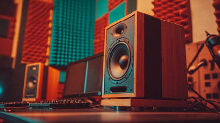 This image showcases a modern audio setup featuring a professional speaker and soundboard in a vibrant music studio, emphasizing creativity and technology in music production.の素材