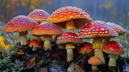 A captivating scene featuring bright red mushrooms with characteristic white dots, glistening with dew, in a serene forest setting that evokes the beauty of autumn's arrival.の素材