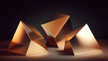 A captivating arrangement of three golden pyramid shapes set against a dark background, emphasizing smooth textures and sharp angles for a modern and artistic appeal.の素材