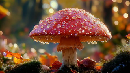A stunning close-up of a red mushroom adorned with dewdrops, surrounded by autumn leaves and moss, capturing the essence of a magical forest. Perfect for nature enthusiasts.の素材