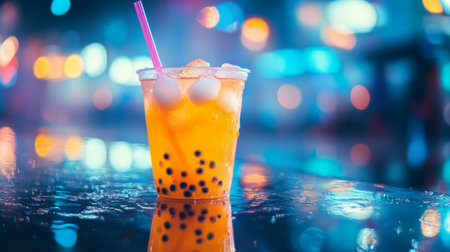 A vibrant orange drink with tapioca pearls and ice, illuminated by colorful bokeh lights. Perfect for parties or summer gatherings, this refreshing beverage captures liveliness and fun.の素材