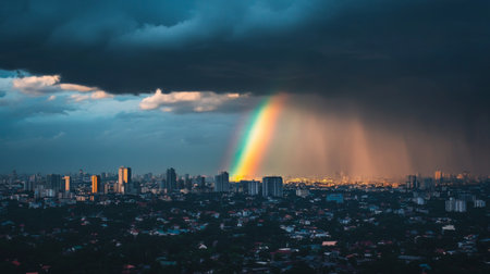 A stunning urban landscape showcases a vibrant rainbow emerging from dark clouds, with rain falling over skyscrapers, capturing a moment of beauty and tranquility in a bustling city at sunset.の素材