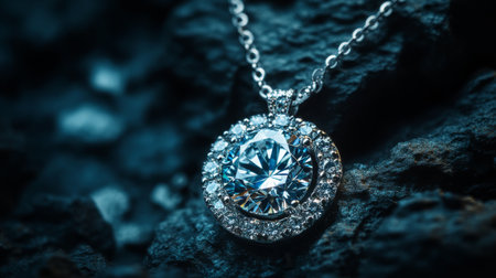 A beautifully crafted silver necklace featuring a round brilliant cut diamond embraced by smaller sparkling stones, set against a dark, textured background, perfect for showcasing luxury.の素材