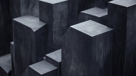 Artistic close-up of abstract dark geometric shapes, highlighting textured surfaces with a play of light and shadow, perfect for modern design and backgrounds.の素材