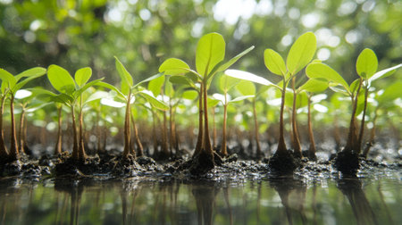 Vibrant green seedlings thrive in rich soil, basking in natural light. This image captures the essence of growth and renewal, perfect for nature and agricultural themes.の素材