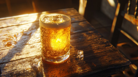 A sparkling glass of beer with frothy foam sits on a rustic wooden table, illuminated by warm sunlight, creating a perfect atmosphere for relaxation and social gatherings.の素材