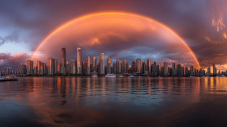 A breathtaking panoramic view of a city skyline featuring a vibrant rainbow arching over calm water during sunset, illustrating the harmonious blend of urban beauty and natural wonder.の素材