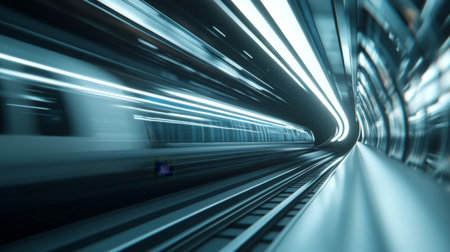 Dynamic representation of a high-speed train traveling through a modern subway tunnel, illustrating movement and energy while emphasizing urban transportation design.の素材