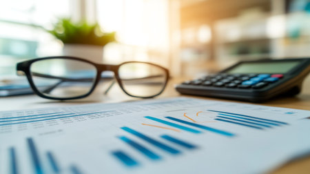 This image showcases a professional workspace featuring glasses, a calculator, and financial documents with charts, ideal for concepts related to finance and business analysis.の素材