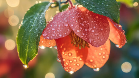A close-up of a pink flower adorned with water droplets in soft morning light, surrounded by green leaves, creating a serene and artistic atmosphere perfect for nature lovers.の素材