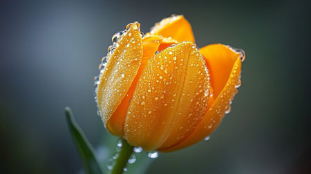 A stunning close-up view of a yellow tulip adorned with water droplets, showcasing the intricate texture and vibrant color against a soft green background.の素材
