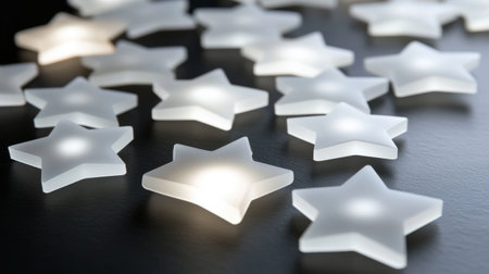 A collection of softly glowing white star shapes scattered on a dark surface, creating a serene and dreamy ambiance perfect for decorations or artistic photography.の素材
