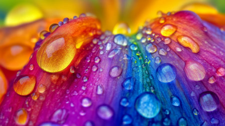 A stunning close-up image of colorful petals adorned with sparkling water droplets, showcasing the intricate details and vibrant hues, perfect for nature lovers and artistic designs.の素材