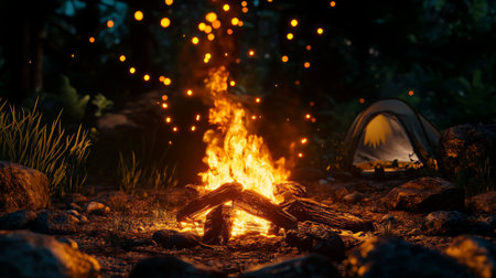 A warm campfire illuminates a serene forest scene at night, with flames dancing and sparks rising, creating a cozy atmosphere near a tent in the background.の素材