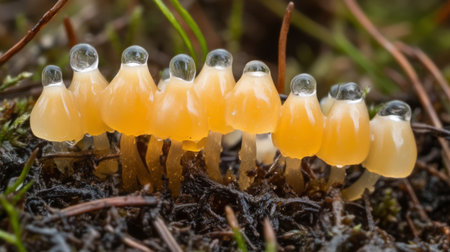 A captivating close-up view of yellow mushrooms with glossy caps, showcasing intricate details against a rich forest backdrop, emphasizing the beauty of nature's diversity.の素材