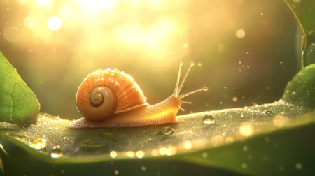 A stunning close-up image of an orange snail resting on a leaf, illuminated by soft sunlight and adorned with dew drops, showcasing the delicate beauty of nature.の素材