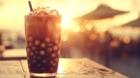 A stunning beverage filled with ice cubes, beautifully captured against a glowing sunset, evokes a sense of relaxation and enjoyment perfect for summer evenings.の素材