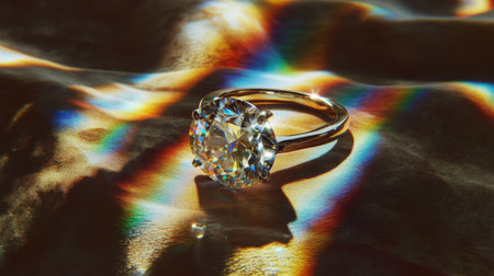 A captivating close-up of a round diamond ring featuring stunning colorful reflections, showcasing elegance and luxury against a shimmering background. Perfect for jewelry enthusiasts.の素材